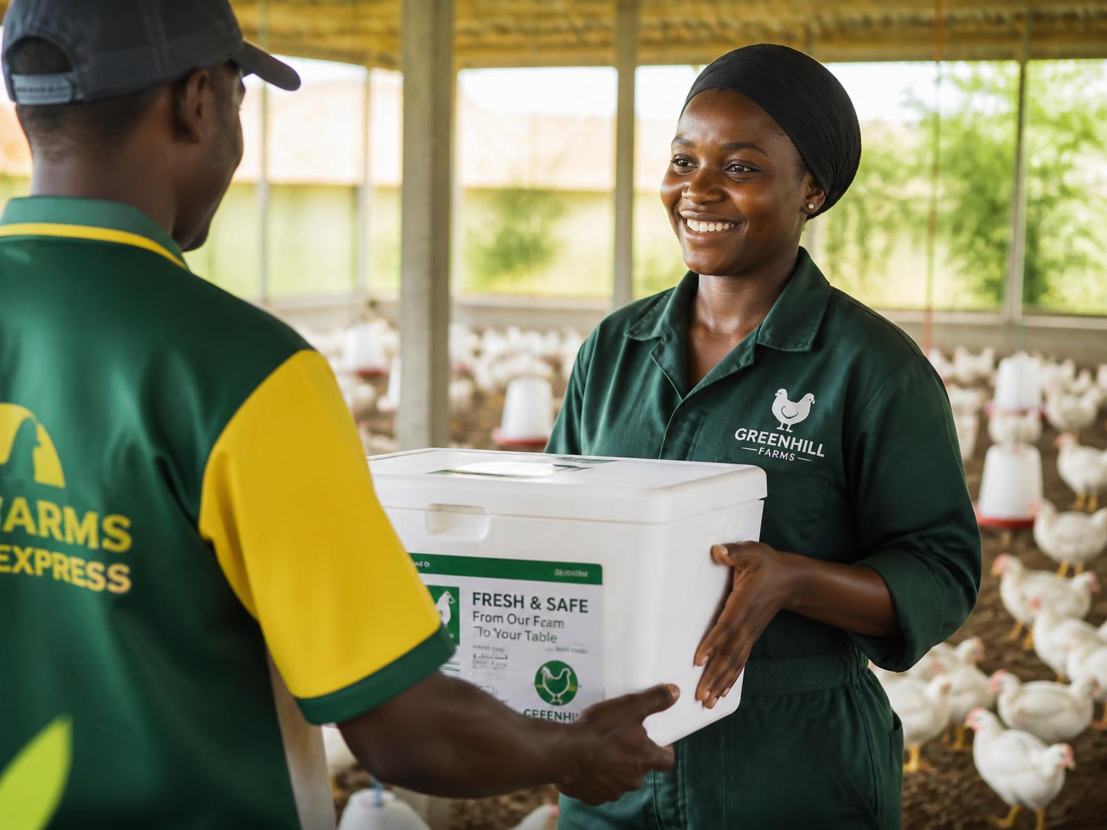 A Nigerian poultry farmer receiving an insulated cold-chain vaccine delivery box on her farm